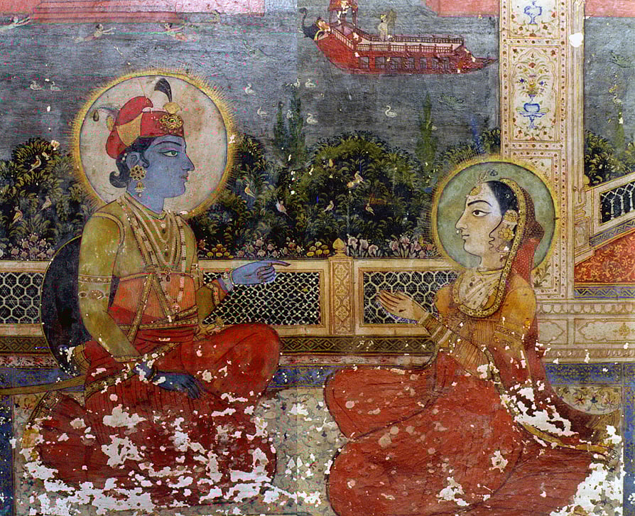 Detail of a mural depicting Krishna and Rukmini from the Sheesh Mahal of the Qila Mubarak in Patiala