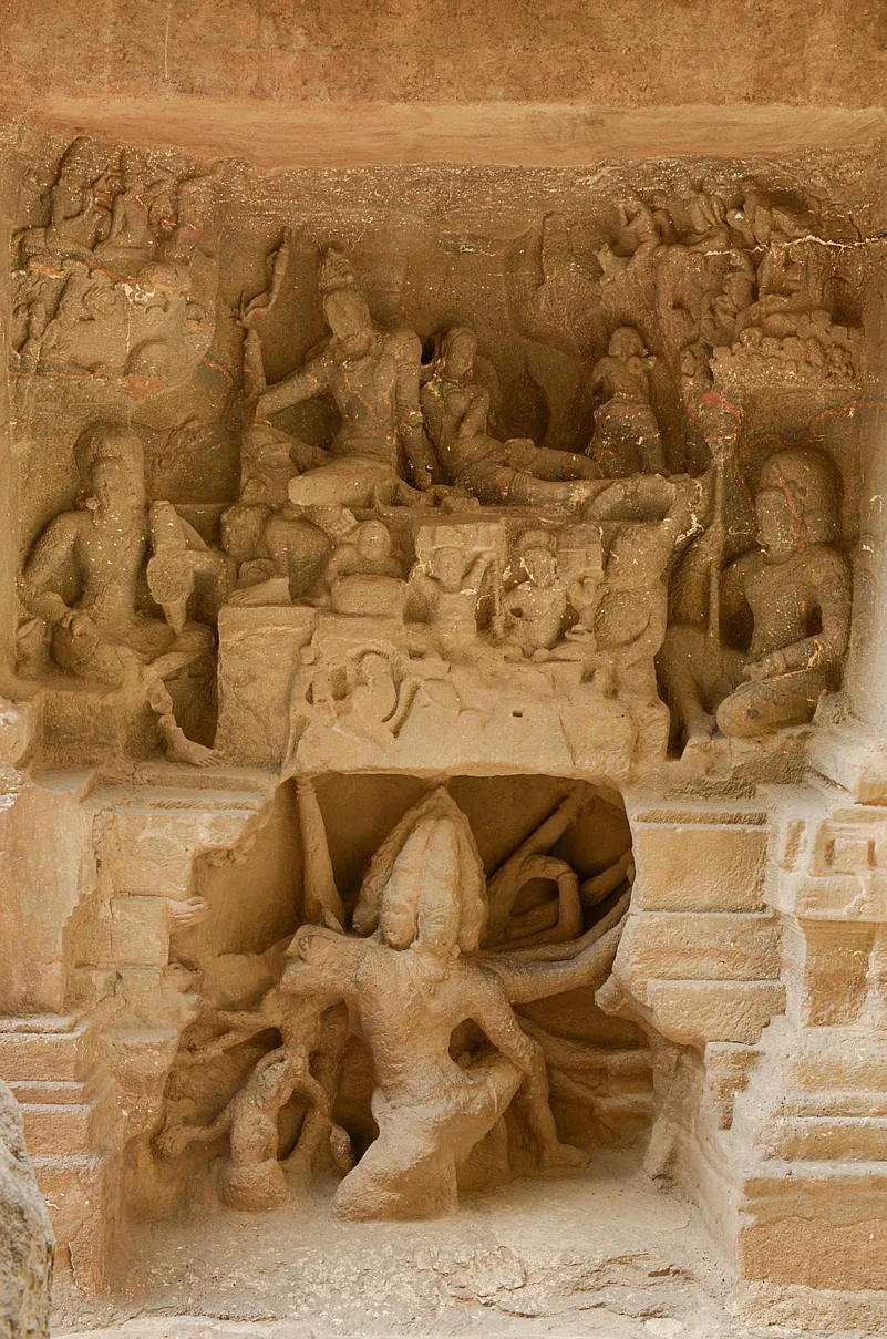 A depiction of Ravana (bottom) shaking Mount Kailasha in the Ellora Caves