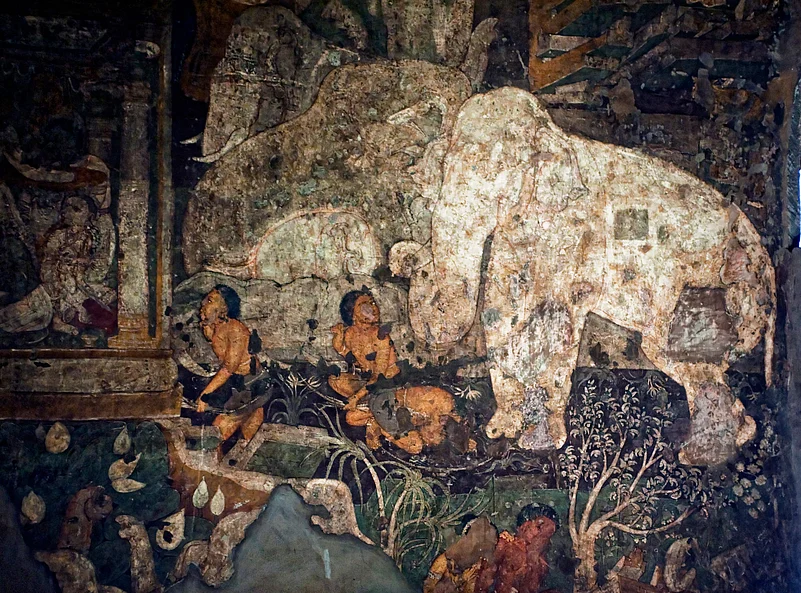 The Kings White Elephant story from the Jātaka tales on the wall of Cave 17 in Ajanta