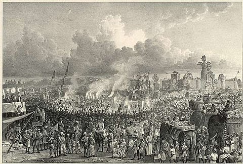 Ram Leela as performed before at Ramnagar before the Raja of Benares. Lithograph, by the Anglo-Indian scholar and mint assay master James Prinsep. Dated 1834. Courtesy of the British Library, London