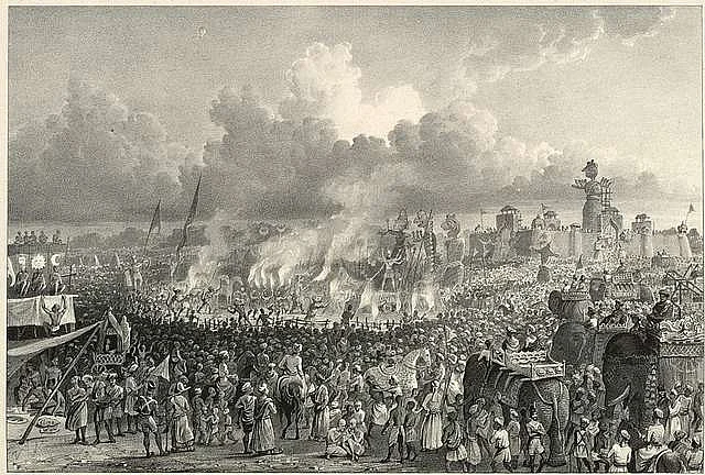 Ram Leela as performed before at Ramnagar before the Raja of Benares. Lithograph, by the Anglo-Indian scholar and mint assay master James Prinsep. Dated 1834. Courtesy of the British Library, London