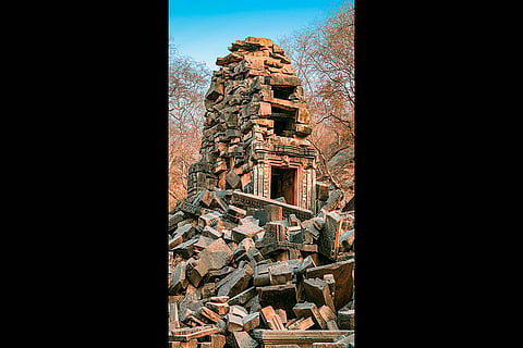 The Vishnu temple before restoration, on a hillock near Padavali, Chambal