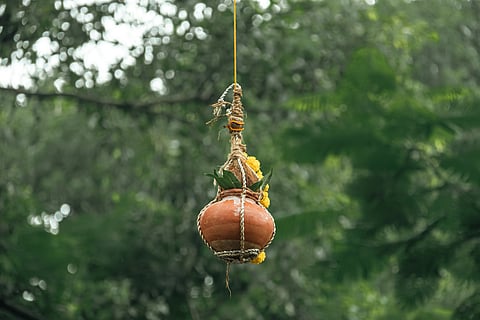In a dahi handi, a clay pot filled with curd, butter and other items like fruits and coins is tied high above the ground