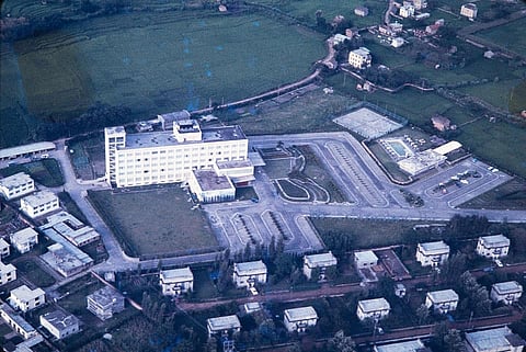 Aerial view of the Soaltee Hotel surrounded by the American residential compound (1968)