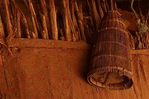 This tool is used as a fish trap by the Warli people. It is made of bamboo