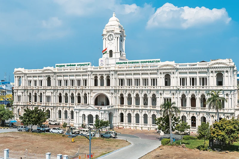 Ripon Building, a stately Neoclassical structure crowned with a 132-foot clock tower