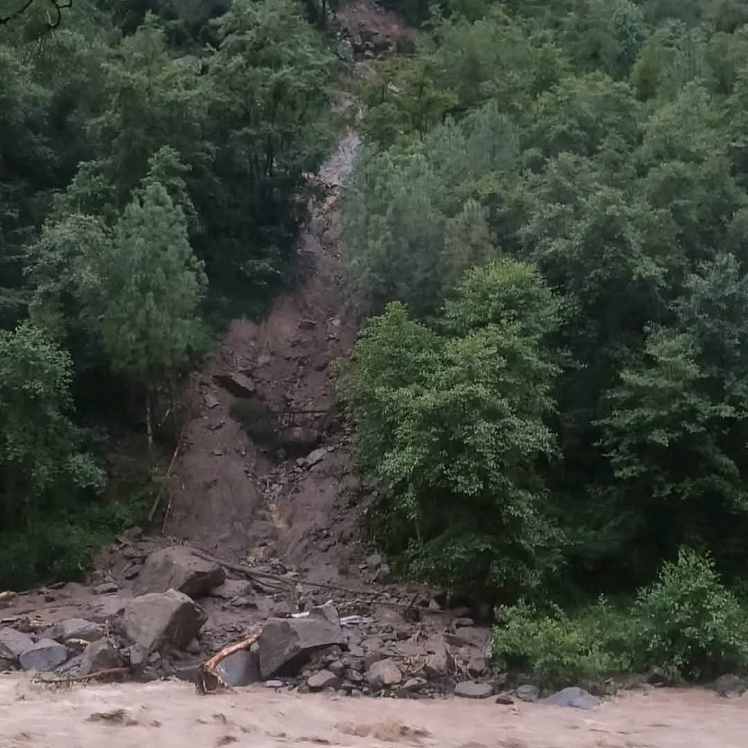 A landslide in Tharali after heavy rainfall on August 22, 2025