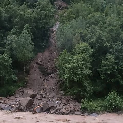 A landslide in Tharali after heavy rainfall on August 22, 2025