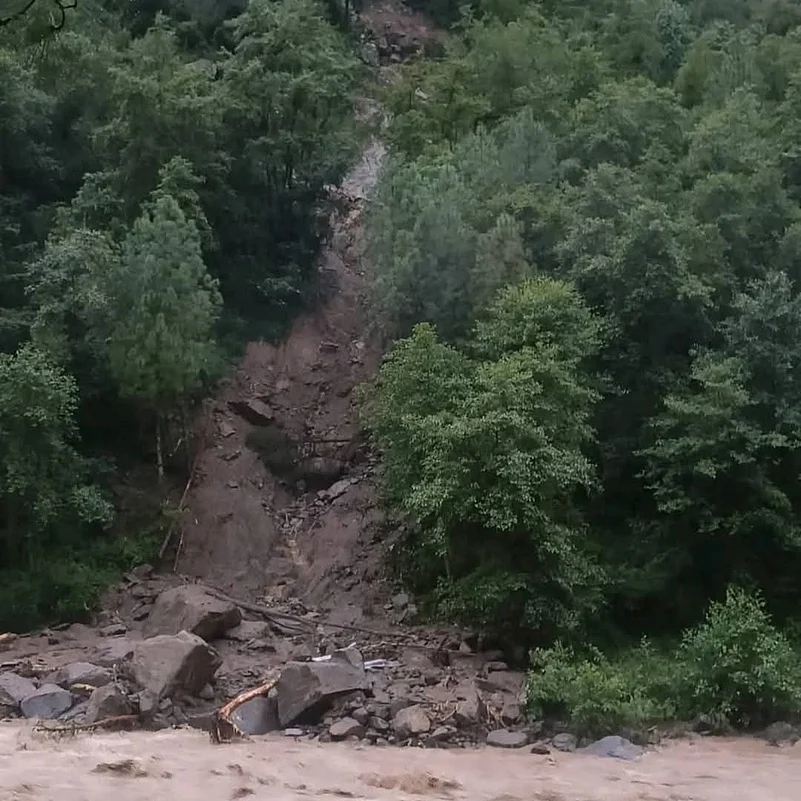 A landslide in Tharali after heavy rainfall on August 22, 2025