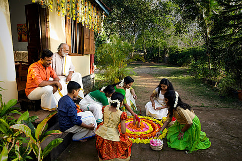 The Pookalam is a roundish flower-carpet, typically arranged by the children and women on the front yard of their house. Laid soon after the break of day, the Pookalam is centered by the cube-shaped clay idols called Thrikkakarayappan.