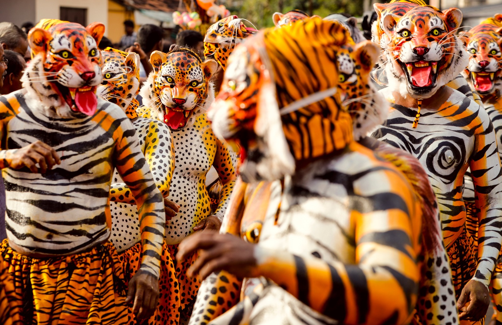 Pulikkali, or Tiger Dance, is a traditional art-form, where men, painted as big cats and with suiting masks, make rhythmic movements suiting the beats of the ethnic chenda drum. The most famous venue for Pulikkali is the central-Kerala town of Thrissur on the fourth day (evening) of Onam.