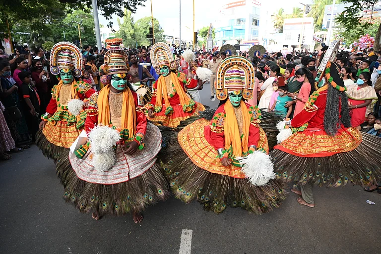 Arjuna Nritham. Also called Mayilpeeli Thookam, it is a temple-allied dance endemic to south-central Kerala. Characterised by peacock-feathers, the performance essays the middle-Pandava Arjuna’s devotion for goddess Bhadrakali. Kottayam and Alappuzha are the homesteads of this art-form. - Supplied