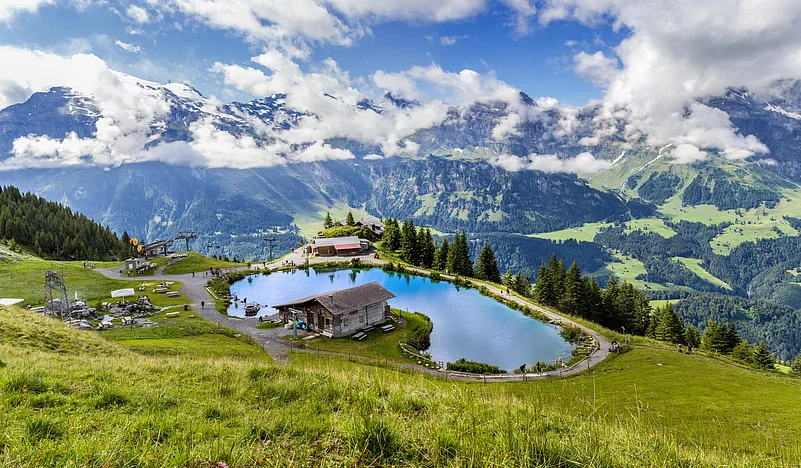 The mountain lake of Härzlisee is located above Engelberg in the Brunni area in the canton of Obwalden