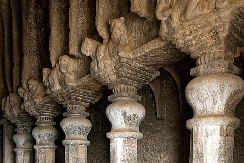 The finely carved pillars of the Lenyadri caves