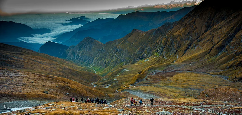 Trekkers on their way to Roopkund, the Mystery lake or Skeleton lake