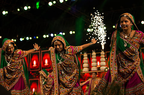 Navratri in Gujarat – A vibrant aerial view of dancers performing traditional Garba in colourful Indian attire