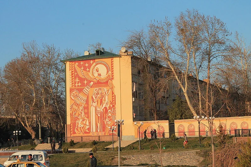 The mosaics combine Soviet Modernism with intricate Uzbek folk art