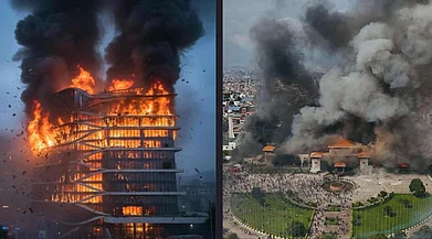 X : The Hilton Hotel in Kathmandu (left) and Nepal’s Parliament (right) set ablaze during the Gen Z–led protests