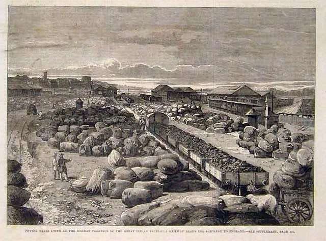 Cotton bales lying at the Bombay Terminus of the Great Indian Peninsular Railway ready for shipment to England