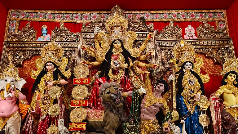 Close-up of Durga idol with Goddess Durga, Mahishasura, and her children, symbolising victory of good over evil at Kolkata Durga Puja - Anwesha Santra