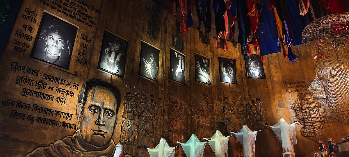 The Kashi Bose Lane Durga Puja pandal created  last year transported visitors back to the era of Raja Ram Mohan Roys abolition of Sati (widow burning) and Ishwar Chandra Vidyasagars advocacy for widow remarriage