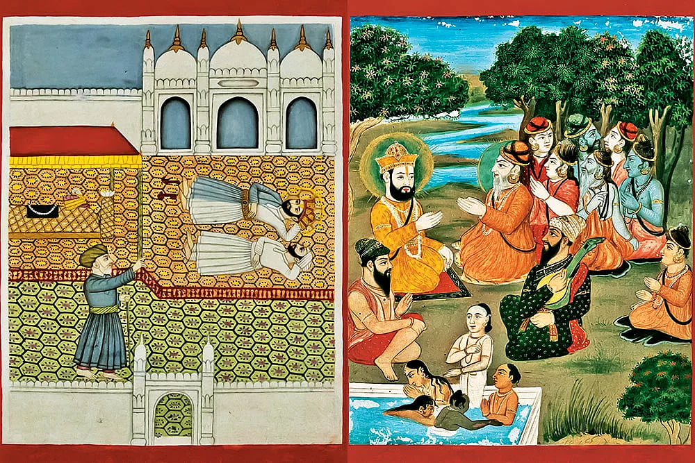 Illustrations in Janamsakhis of Guru Nanak at Mecca (left) and in discourse with Natha Siddhas (right)