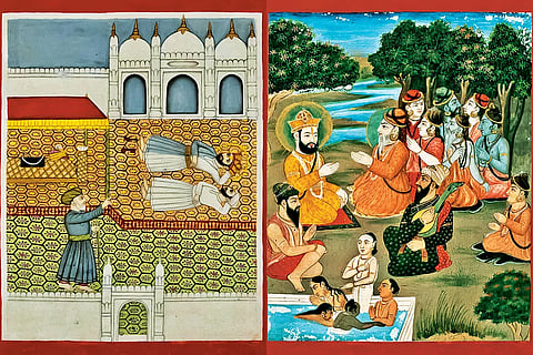 Illustrations in "Janamsakhis" of Guru Nanak at Mecca (left) and in discourse with Natha Siddhas (right)