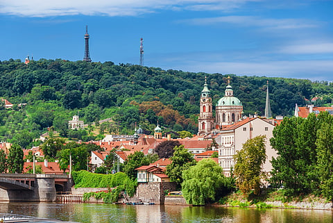 View of Prague Mala Strana old district and River Vltala with Petrin Hill, Czech Republic