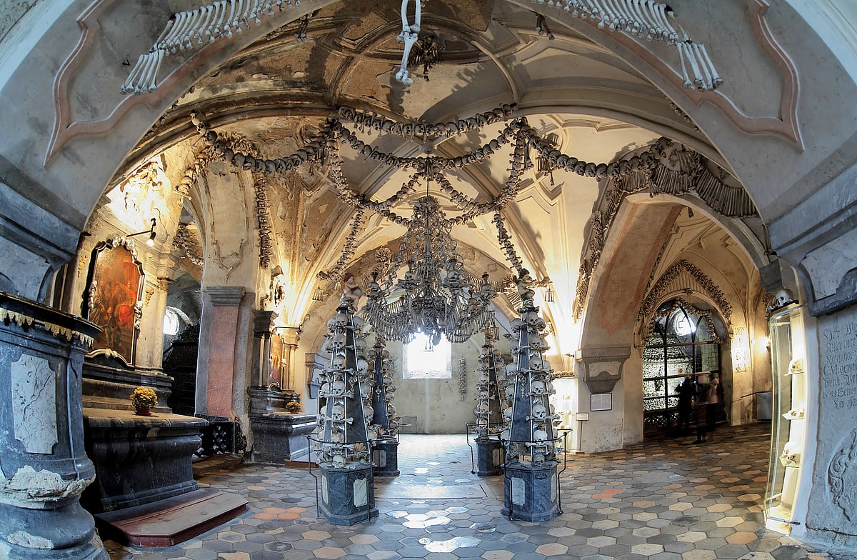 Interior of the Sedlec Ossuary (Kostnice) decorated with skulls and bones, Kutna Hora, Czech Republic