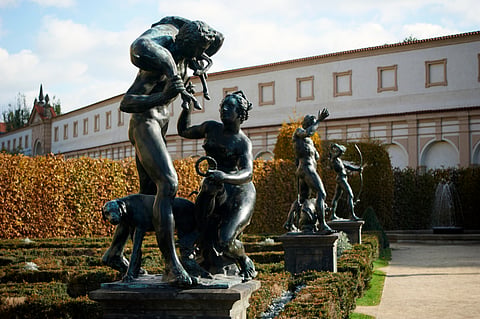Statues installed in the garden of Wallenstein Palace, currently the home of the Czech Senate in Prague, Czech Republic