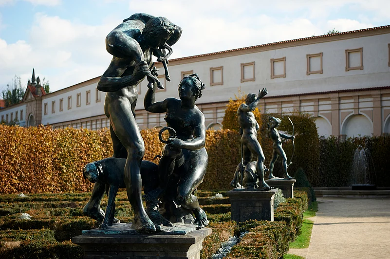 Statues installed in the garden of Wallenstein Palace, currently the home of the Czech Senate in Prague, Czech Republic
