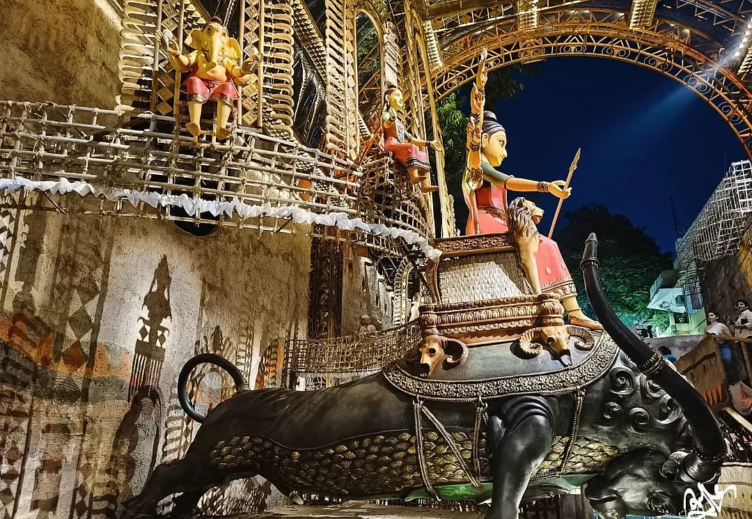 The pandal theme is a tribute to Bengal’s rural roots and rich folk traditions