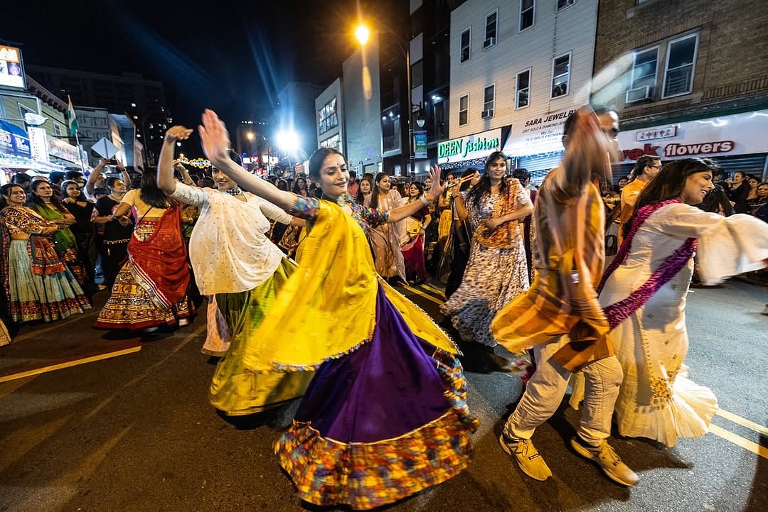 People celebrate Navratri on the streets of Jersey City, New Jersey, USA