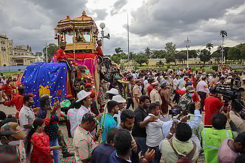 A Side view of the Royal Elephant carrying Golden Howdah with an idol of Goddess Chamundeshwari for the Dasara festival in Mysuru, India