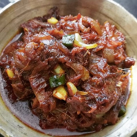 Shidol chutney is a fiery preparation of fermented fish, spices, and garlic. 