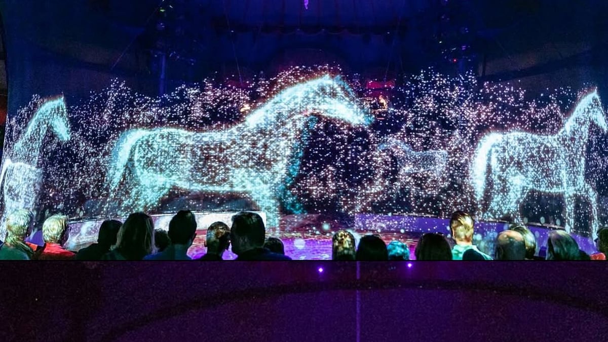 The circus combines cutting-edge laser projection and fine-mesh screens to create a 360-degree holographic spectacle visible from every seat in the arena