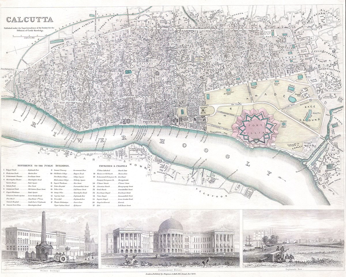 This is a S.D.U.K. map or city plan of Calcutta, India. Calcutta was once the administrative capital of British India. The lower part of the map is decorated by several engraved illustrations of important Calcutta locations, including the Government House, Esplande Row, and the Writer’s Building. As much as possible, individual streets are indicated as are souks and bazaars. Published by “Chapman and Hall of 186 Strand Street in November of 1842”
