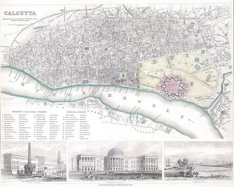 This is a S.D.U.K. map or city plan of Calcutta, India. Calcutta was once the administrative capital of British India. The lower part of the map is decorated by several engraved illustrations of important Calcutta locations, including the Government House, Esplande Row, and the Writer’s Building. As much as possible, individual streets are indicated as are souks and bazaars. Published by “Chapman and Hall of 186 Strand Street in November of 1842”