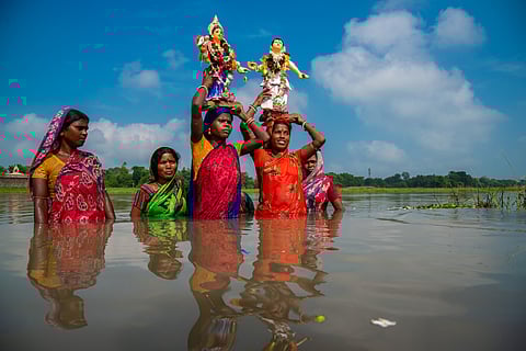 On the final night, Bhadu Bisarjan (the immersion) villagers carry Bhadu’s clay idol to the river or pond, they sing Bhadu gaan one last time