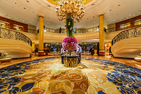 The elegant lobby of Makati Shangri-La, a landmark of luxury hospitality in Manila