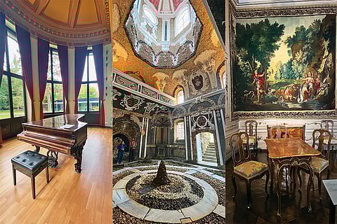 From left: A piano at Wagner’s Wahnfried; a fountain within the Eremitage grotto; the interior of the New Palace
