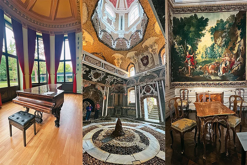 From left: A piano at Wagner’s Wahnfried; a fountain within the Eremitage grotto; the interior of the New Palace