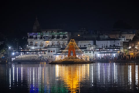 Temple near Pushkar Lake lit up during the Pushkar Fair night