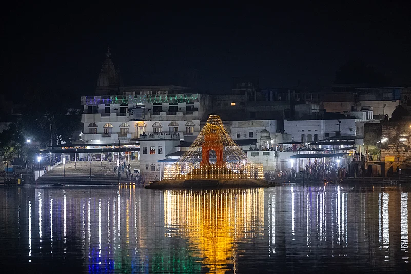 Temple near Pushkar Lake lit up during the Pushkar Fair night