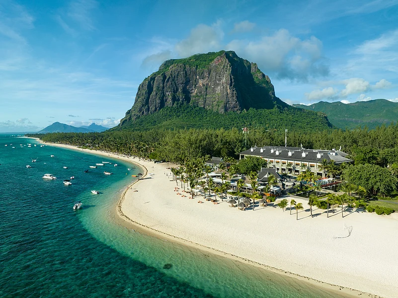 Aerial view of Le Morne Mountain and tropical beaches in Mauritius