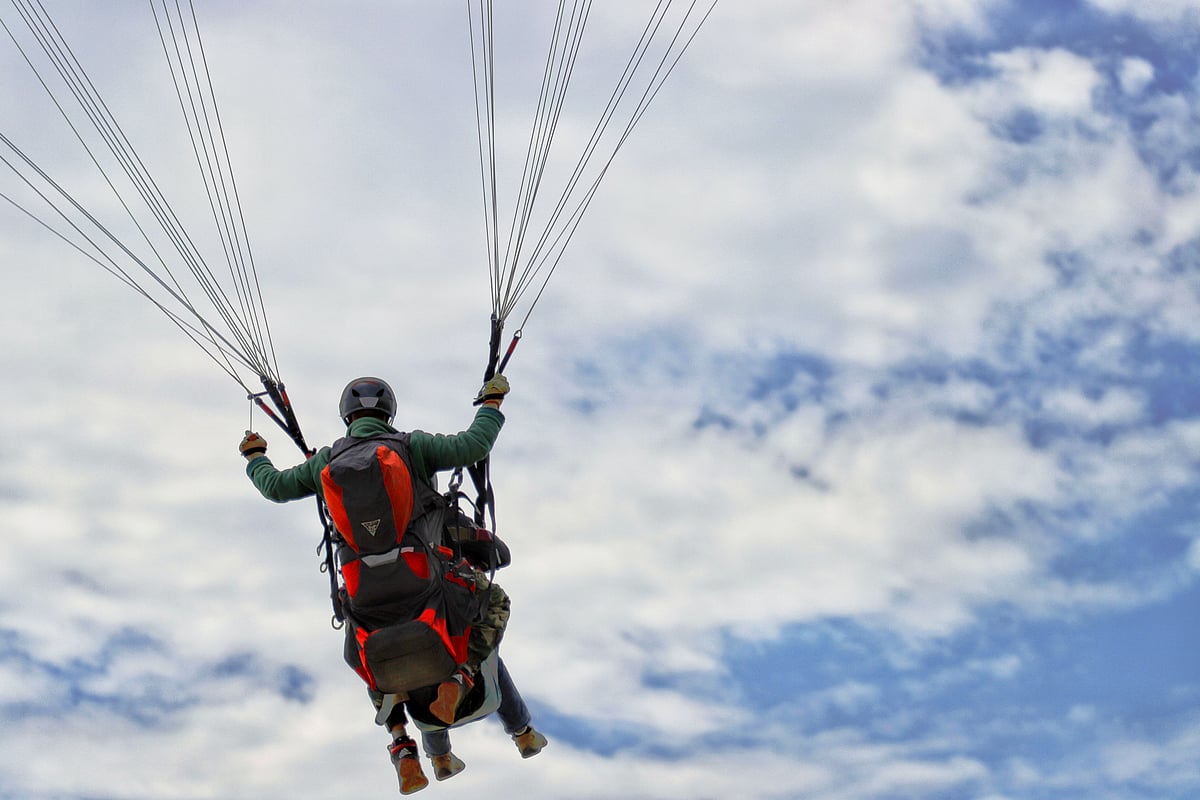 Shutterstock : Two people paraglide through the blue sky over Himachal’s lush hills