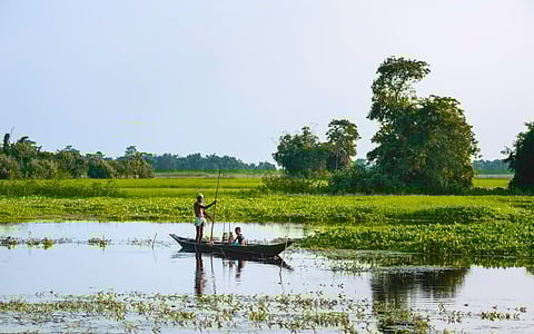 Locals fishing at dawn on Majuli Island, Assam