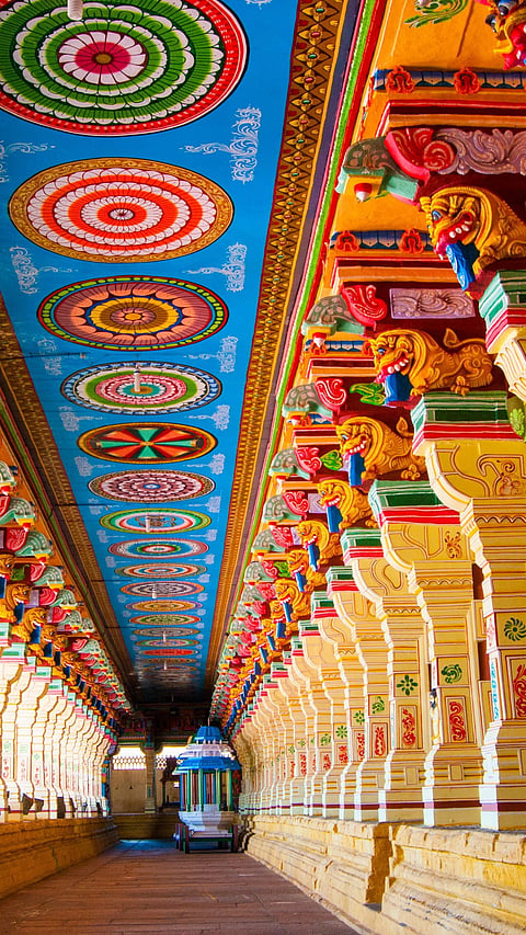 The corridors and sculptured pillars of Ramanathaswamy temple in Rameshwaram