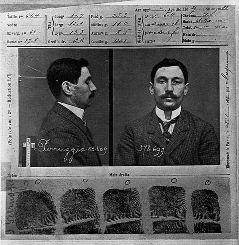 Mug shot of Vincenzo Perugia, the Italian man who stole the Mona Lisa out of the Louvre Museum in Paris. January 21, 1909.
