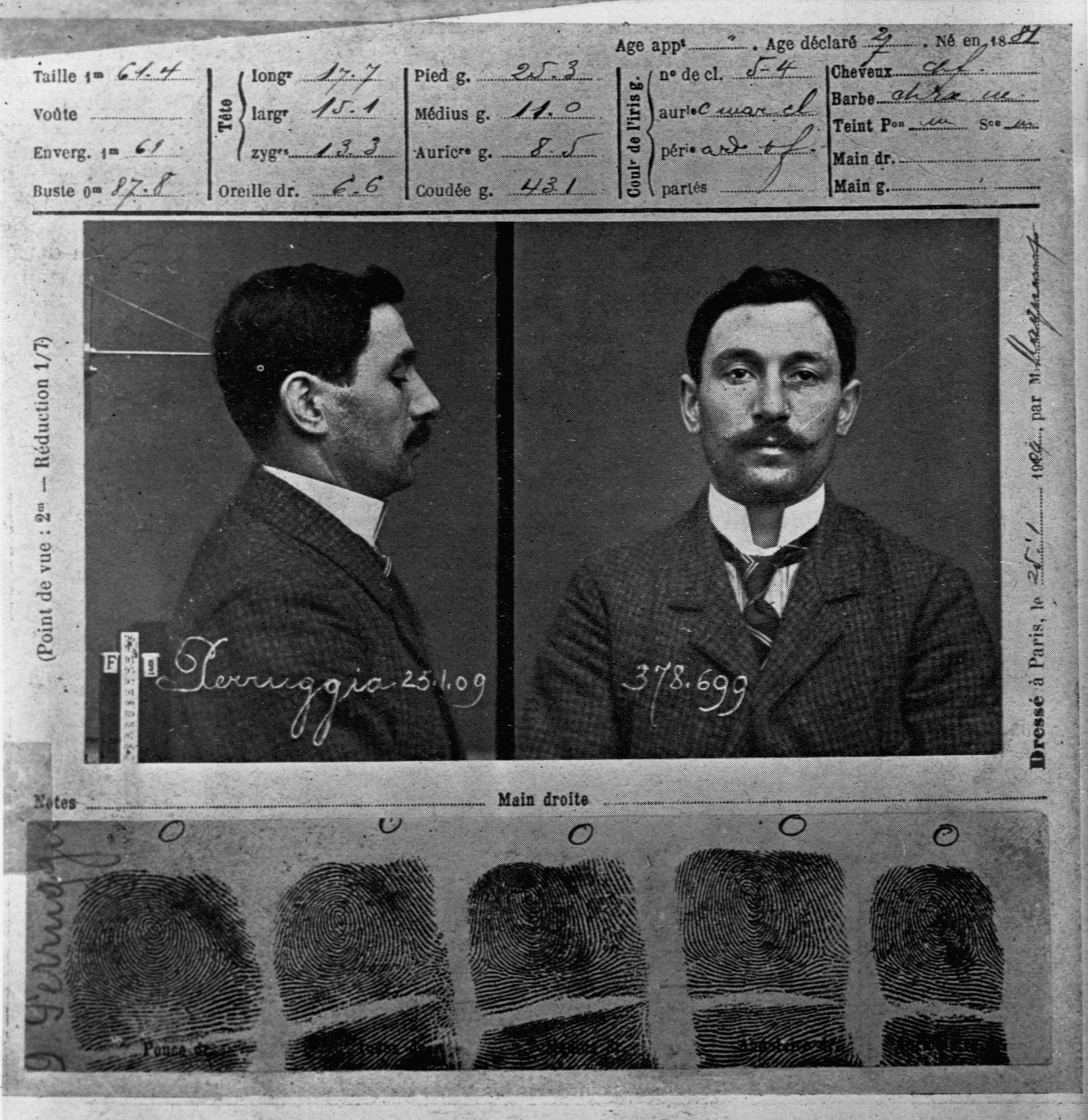 Mug shot of Vincenzo Perugia, the Italian man who stole the Mona Lisa out of the Louvre Museum in Paris. January 21, 1909.